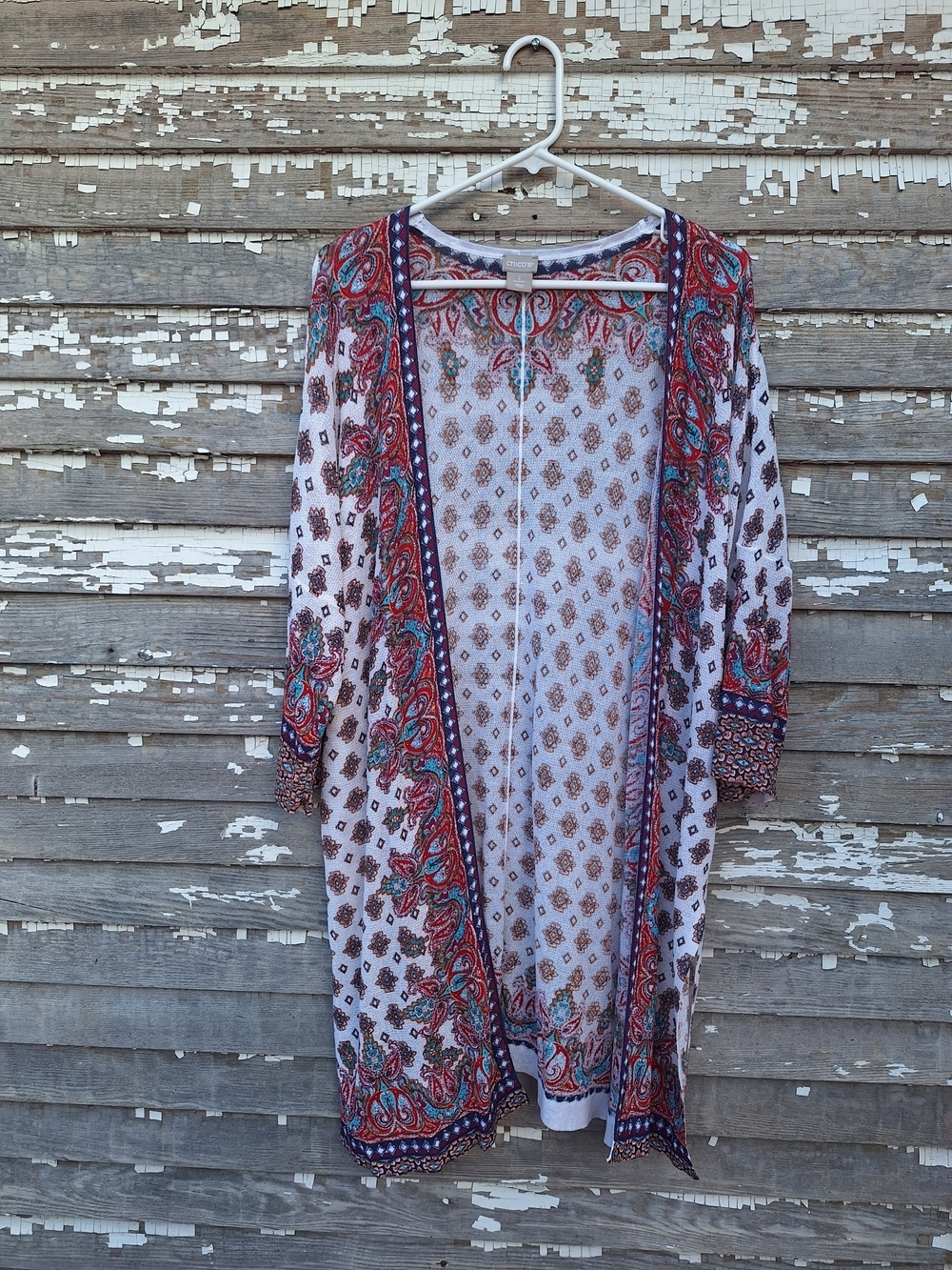 Chico's White Paisley Print Open Cardigan with Red & Teal Accents Size Large